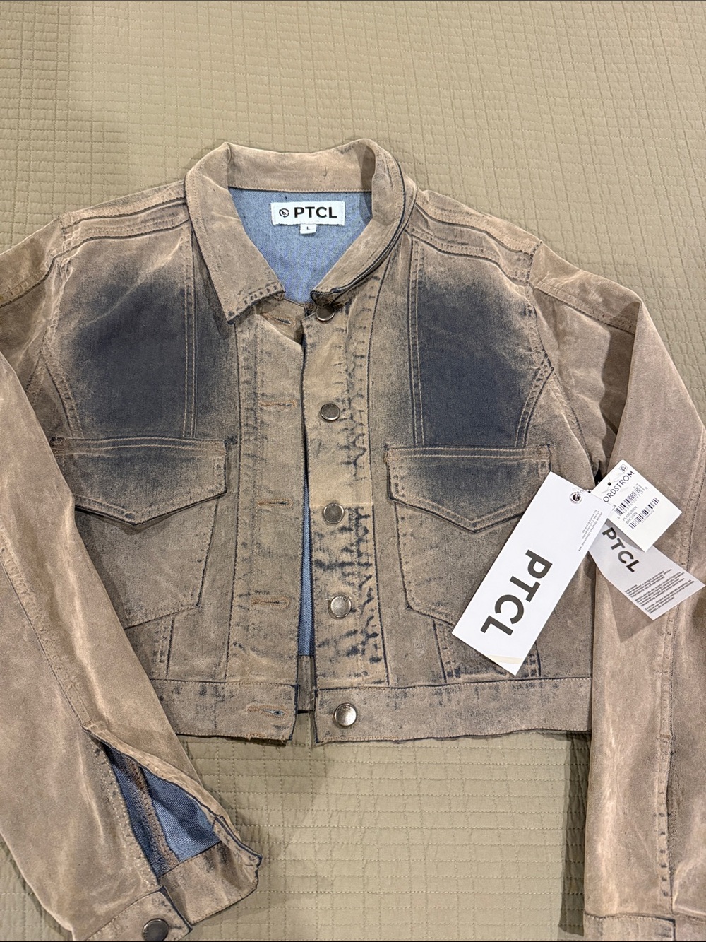 PTCL Women’s Taupe Cropped Suede Jacket with Distressed Dark Accents